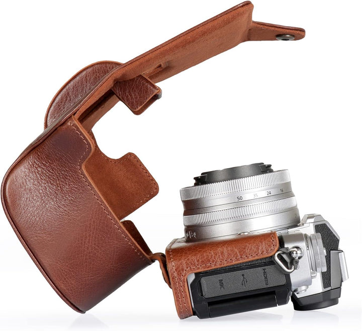 MegaGear Ever Ready Echtleder-Kameratasche kompatibel mit Nikon Z fc (16-50 mm) (Brown), MG2011, Bro