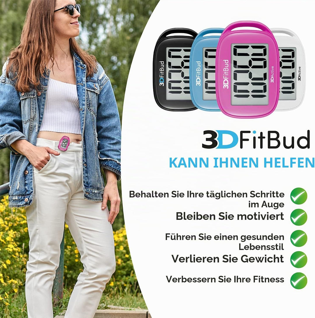 3DFitBud Einfacher Schrittzähler Walking 3D Schrittzähler mit Clip und Umhängeband, A420S Pink, Pink