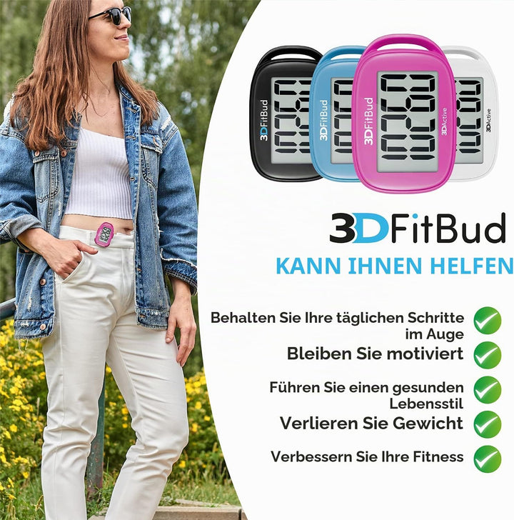 3DFitBud Einfacher Schrittzähler Walking 3D Schrittzähler mit Clip und Umhängeband, A420S Pink, Pink