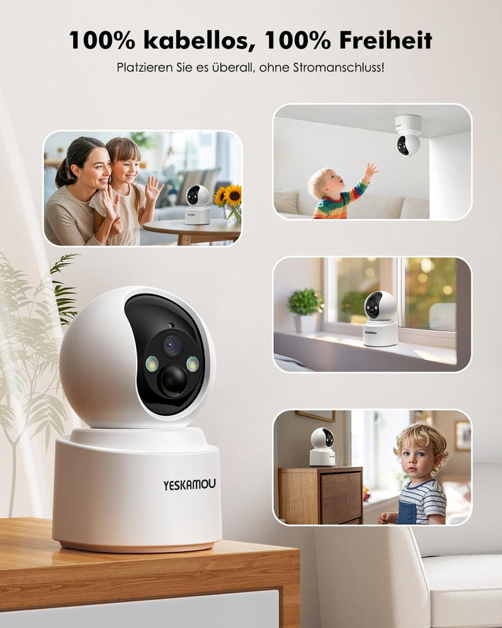 2,5K 4MP Überwachungskamera Innen Akku, 360° WLAN innenkamera mit akku, 2,4/5 GHz WiFi, 360° Kamera