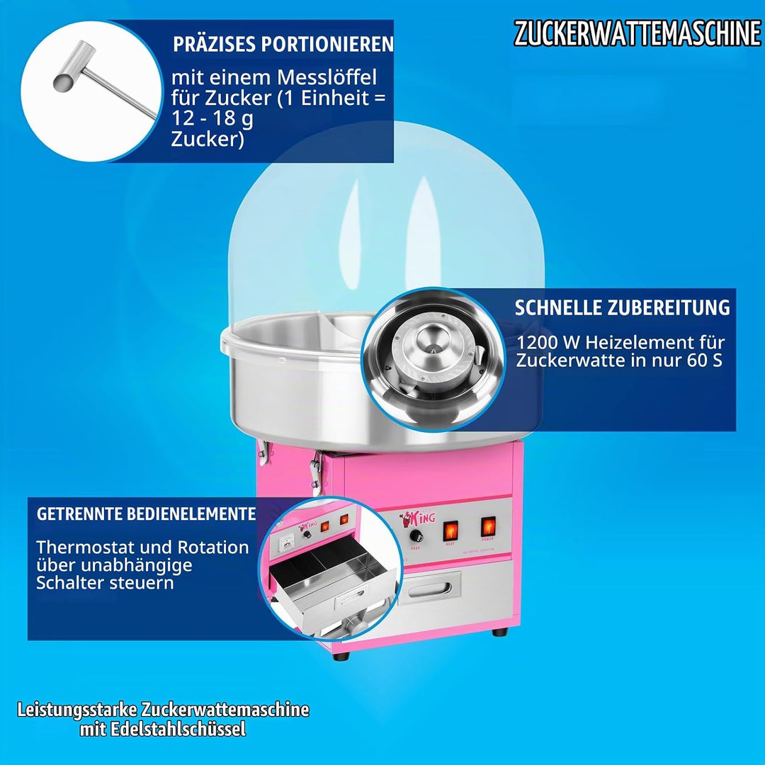 Royal Catering RCZK-1200E Zuckerwattemaschine Cotton Candy Machine mit Abdeckhaube Spuckschutz (Ø 52