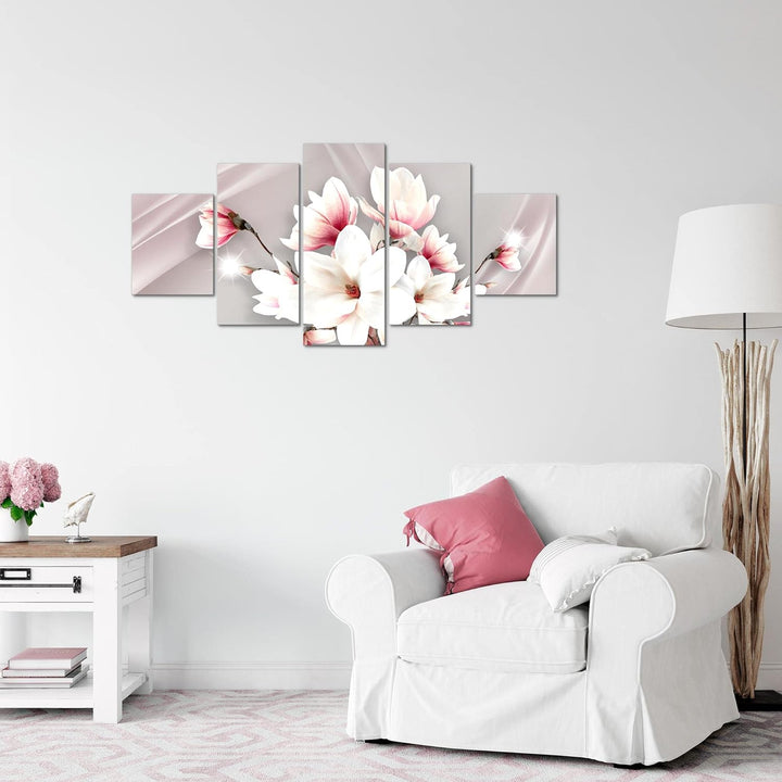 Runa Art Wandbilder Blumen Magnolien 5 Teilig Bild auf Vlies Leinwand Deko Wohnzimmer Abstrakt Rosa
