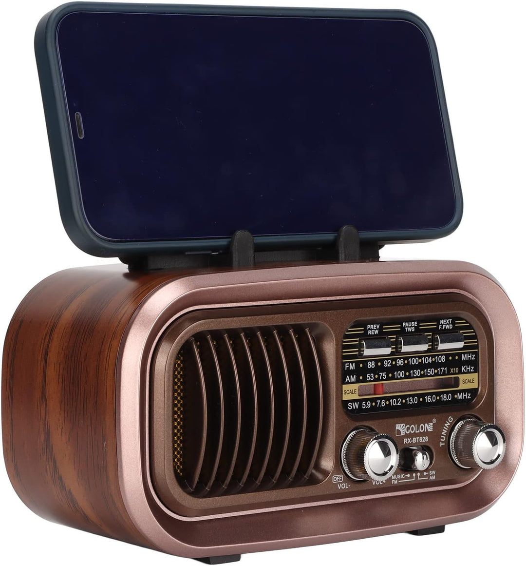 RXBT628 Tragbarer Vintage-Radiolautsprecher, FM AM SW 3 Bands Multifunktionaler -Kartenradio-Player