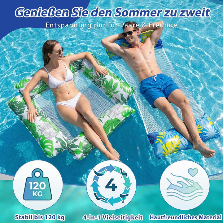 2er Set Pool Luftmatratze & Wasserhängematte, 4-in-1 Aufblasbares Schwimmbett (127x70cm & 120x115cm)