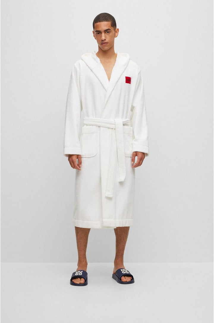 HUGO Herren Terry Gown Hooded Morgenmantel aus Baumwoll-Terry mit Kapuze und rotem Logo-Etikett M Wh