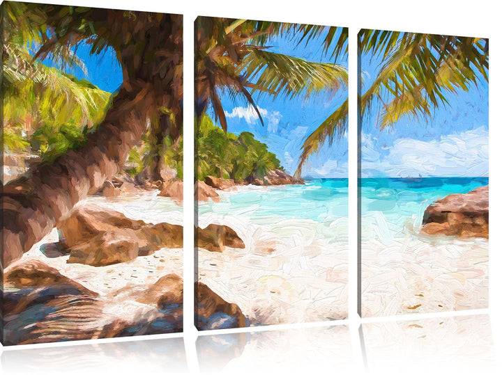 Pixxprint Palmenstrand Seychellen Kunst / 3-Teilig/Gesamtmass 120cm Leinwandbild bespannt auf Holzra