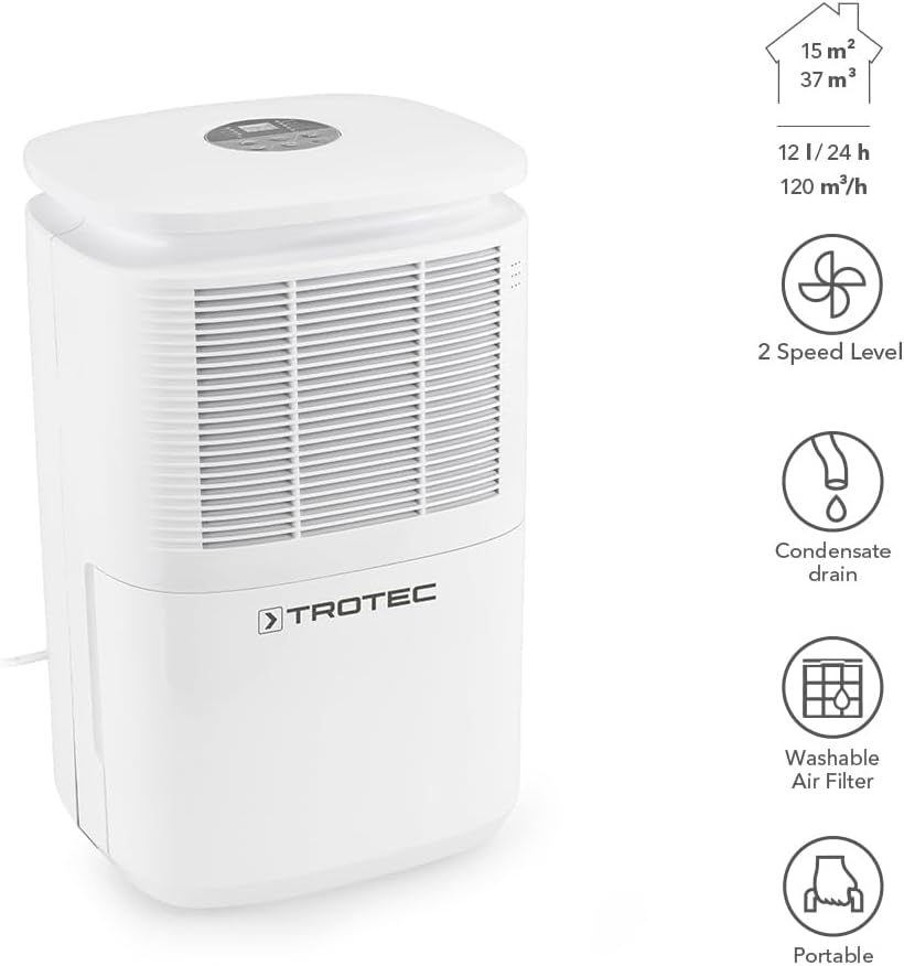 TROTEC Raumentfeuchter elektrisch TTK 30 E – Leistung 12 L/Tag – Fläche 15 m² / 37 m³ – Entfeuchtung