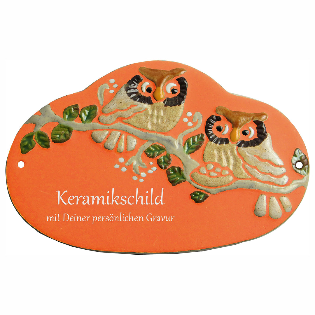 Handarbeit aus Schleswig-Holstein Keramikschild 19,5 x 12,5 cm Motiv Nest und Zwei Eulen auf AST (Te