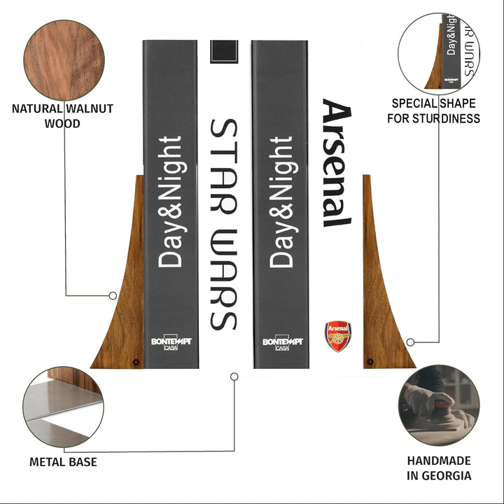 TILISMA Buchstützen, Walnussholz mit Metallsockel, 2 handgefertigte Buchhalter für schwere Bücher, d