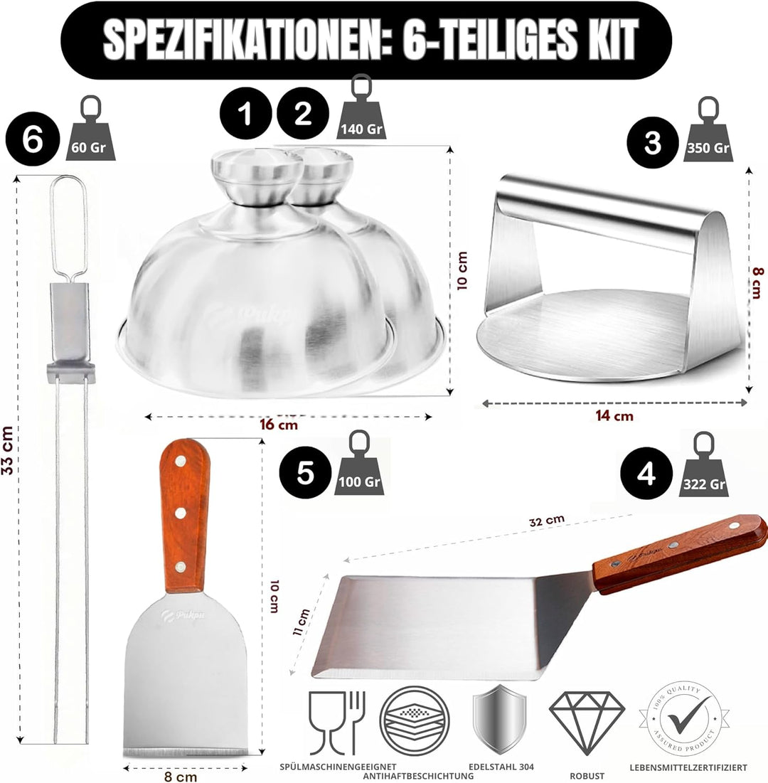 Pukpu - Smash Burger Set - Inkl. Burgerpresse, 2 Grillspachtel, 2 Burgerglocke und Grillspiesse - Sm