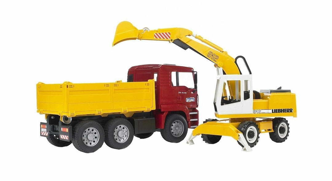bruder 02751 - Man TGA Kipplastwagen mit Liebherr Schaufelbagger - 1:16 Baustelle Baufahrzeug Löffel