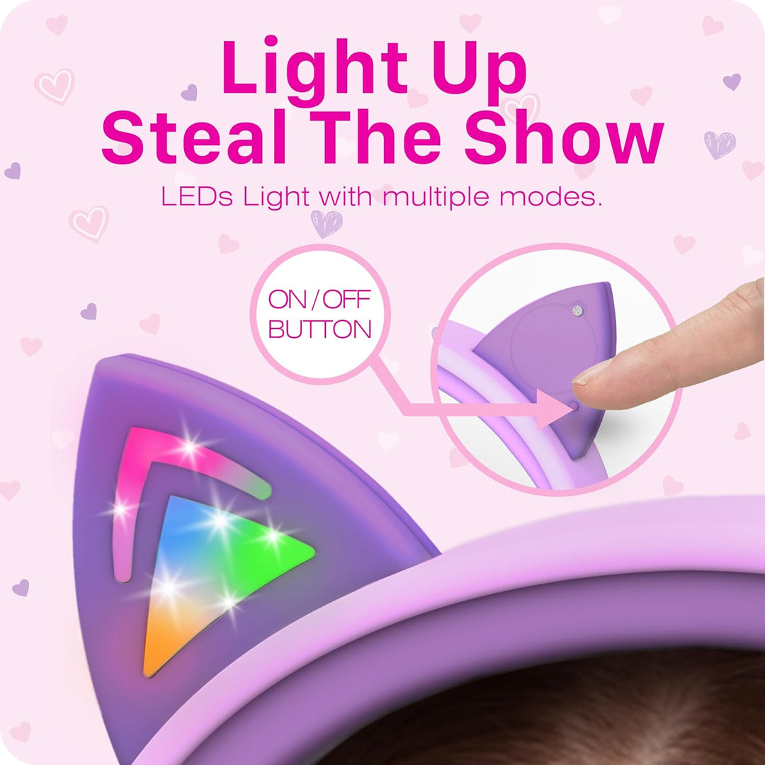 FosPower Kinderkopfhörer mit LED Katzenohren, 85dB Lautstärkebegrenzung, 3.5mm On-Ear Kabelgebundene