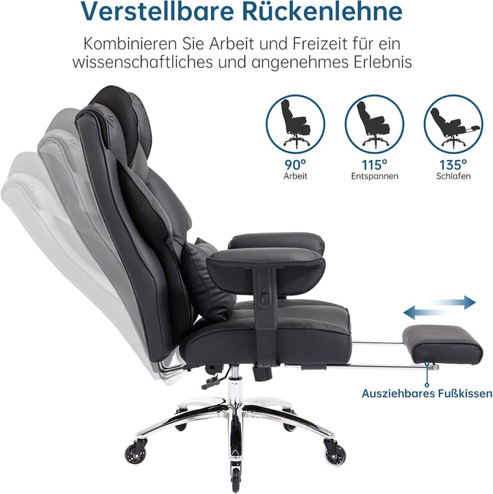Ergonomischer Bürostuhl 200kg, Chefsessel mit Fussstütze, Schreibtischstuhl mit Lendenkissen, Bequem
