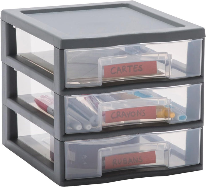 SUNDIS Tag Tower, schubladenbox aus Kunststoff, grau, 3 transparente Schubladen im Format A6, Höhe 1