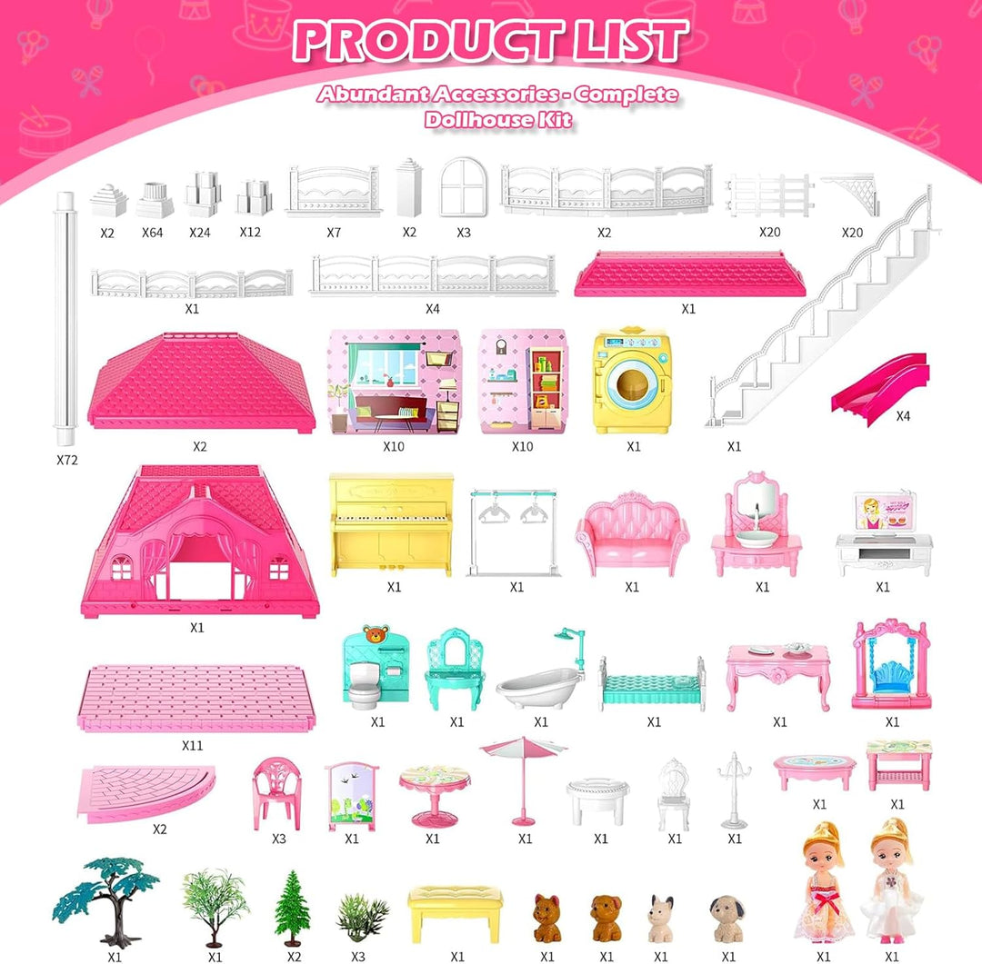 Doloowee Puppenhaus, 4 Geschichten 10 Zimmer Puppenhaus mit 2 Prinzessinnen Rutsche Zubehör, Spielze