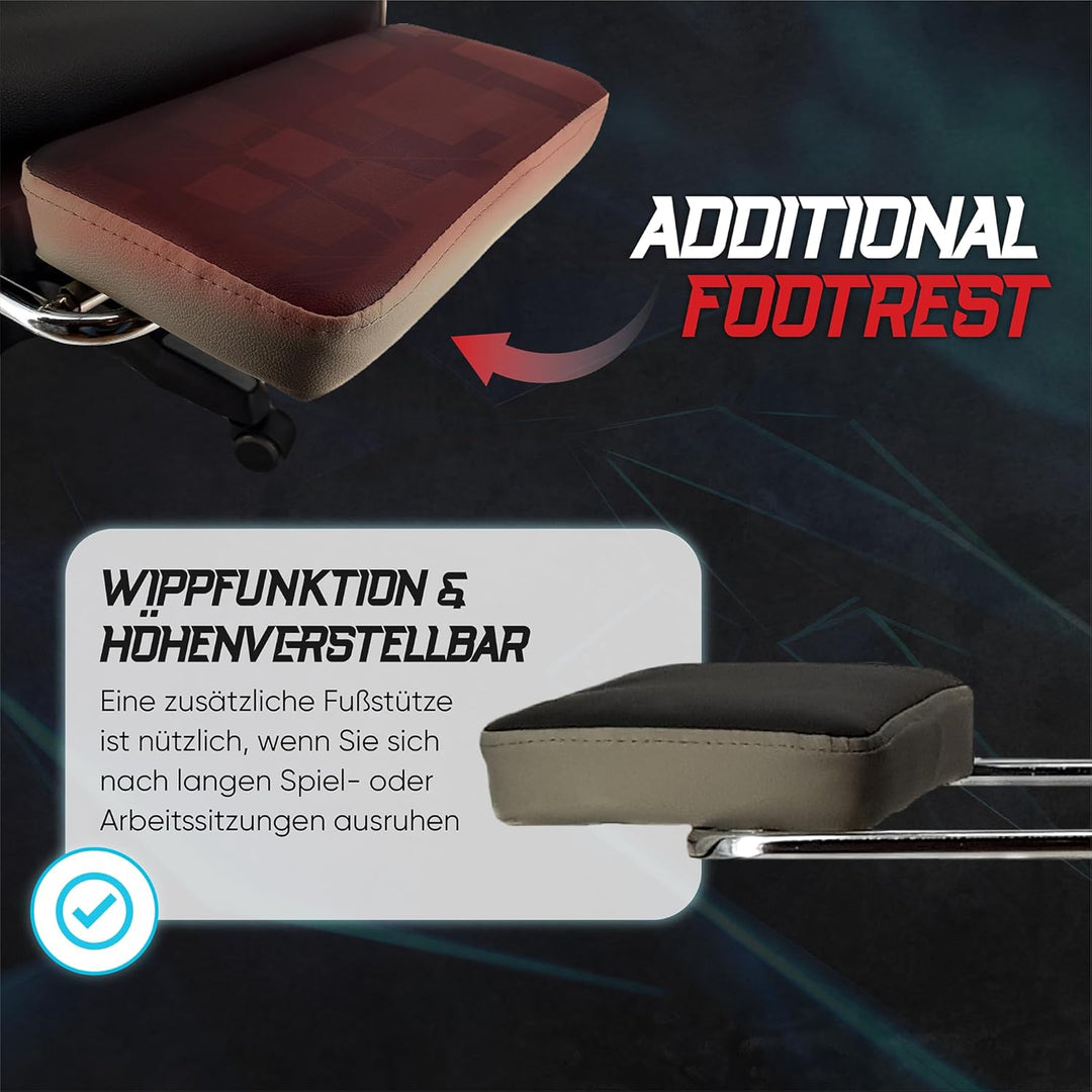 xRace Gaming-Stuhl Hoher Drehstuhl aus Leder mit Lendenwirbelstütze, Kopfstütze und Fussstütze, vers