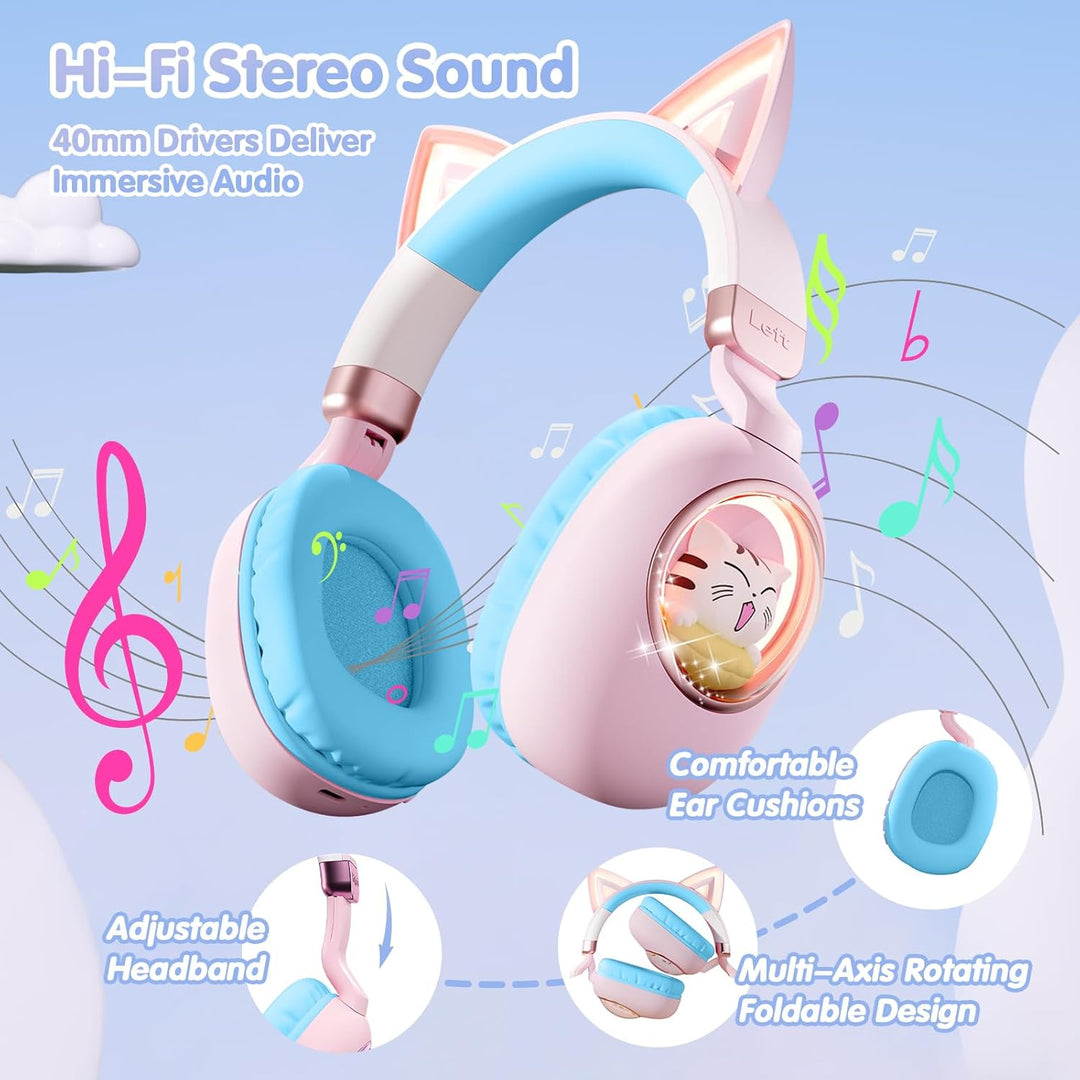 Kinder Kopfhörer mit Katzenohren, Bluetooth 5.4 Over-Ear Noise Cancelling Kopfhörer mit Mikrofon, LE