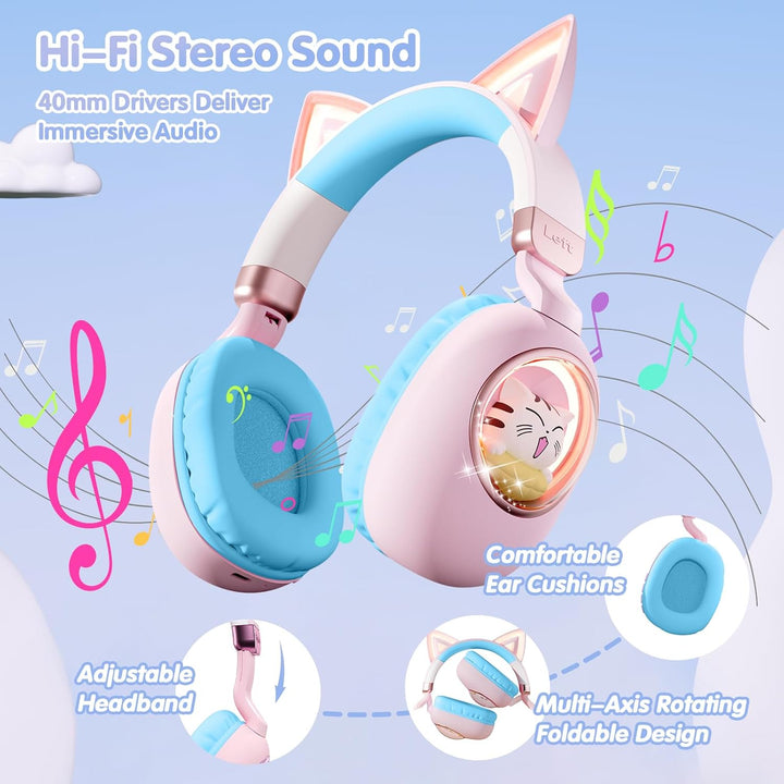 Kinder Kopfhörer mit Katzenohren, Bluetooth 5.4 Over-Ear Noise Cancelling Kopfhörer mit Mikrofon, LE