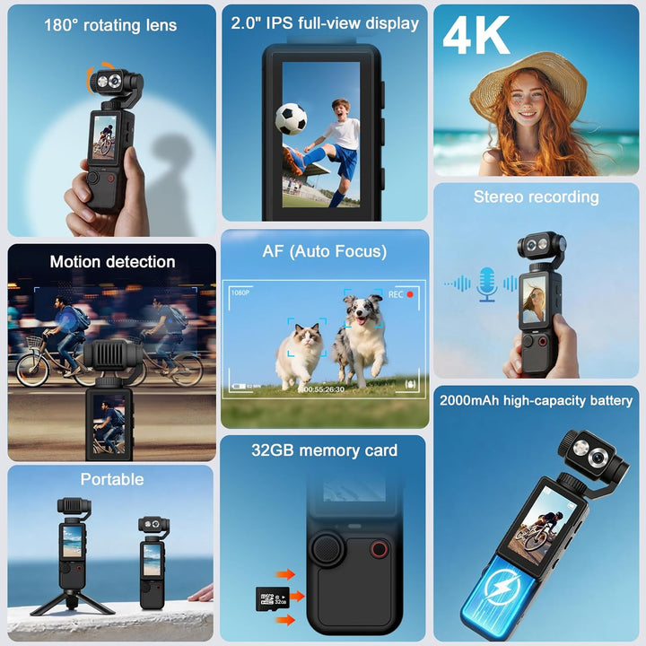 FIREBULL 4K Action Cam, Actionkamera Vlog Kamera, Kompakte Handkamera mit 180° Flip Objektiv, AF Aut