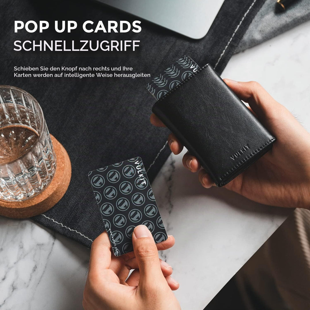 VULKIT Kreditkartenetui RFID-blockierende Pop-Up-Kartentasche aus Echtem Leder mit Geldscheinfach, A