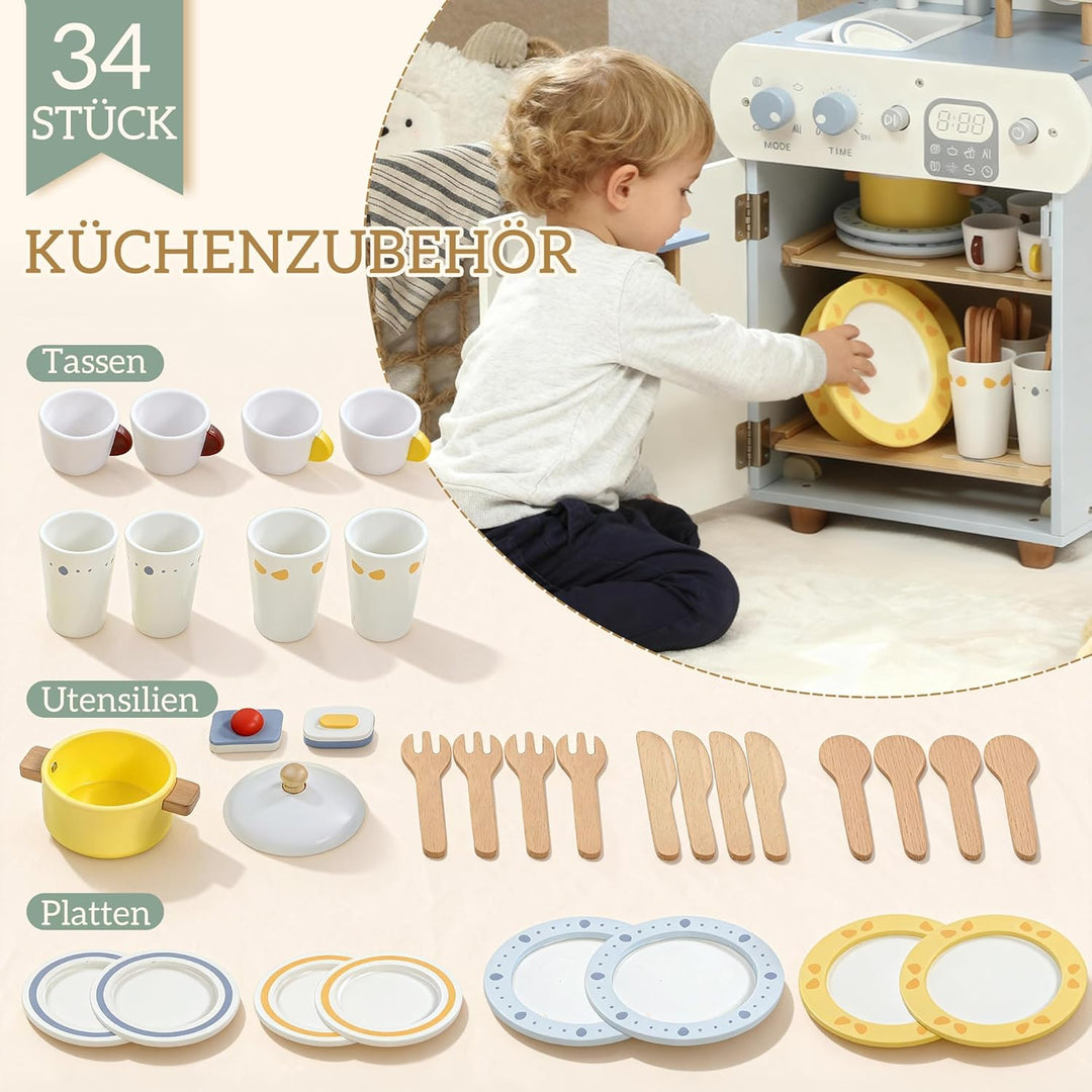 AIYAPLAY Kinderküche aus Holz Spielküche mit Wasserhahn Spüle und Zubehör Holzgeschirrspüler für Kin