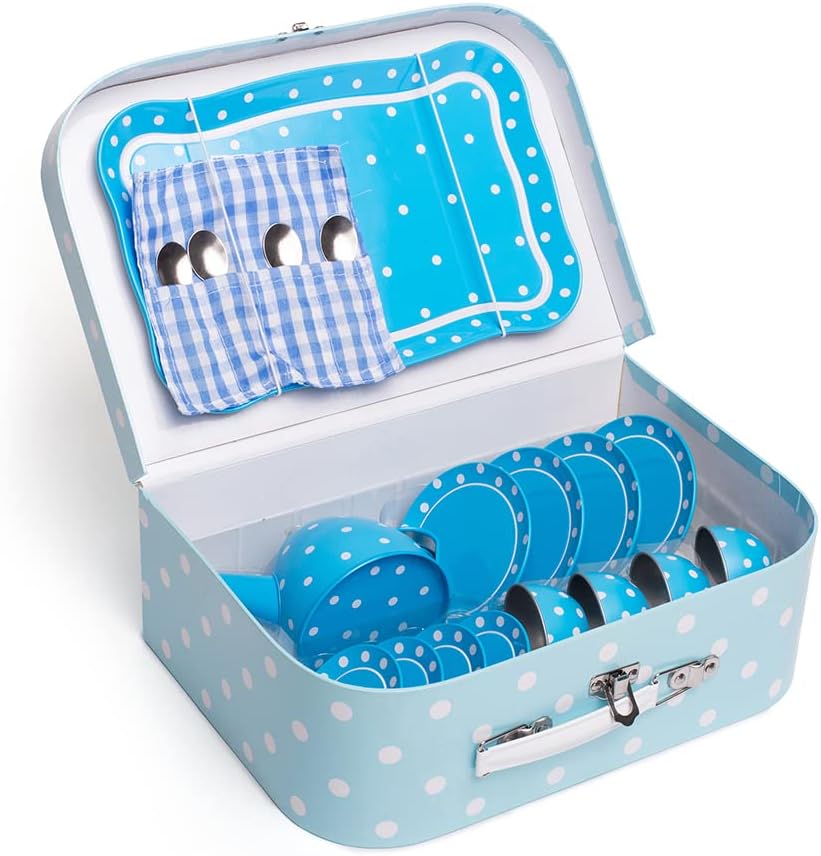 Bigjigs Toys Blau-weiss gepunktetes Teeservice