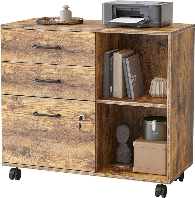 FEZIBO 3-Schubladen-Mobiler Aktenschrank, Seitenschrank mit Schloss, Druckerständer mit offenen Abla