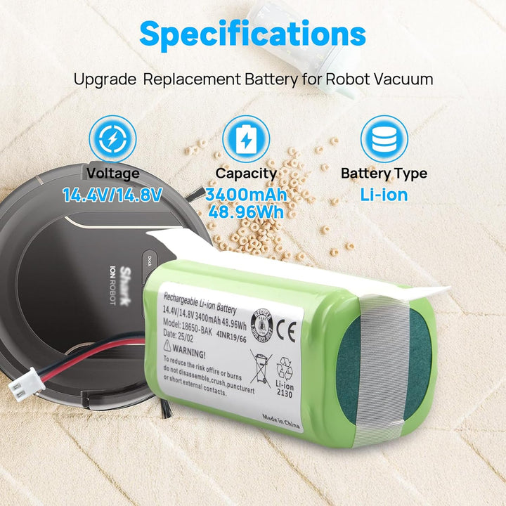 14,4 V 3400 mAh RVBAT850 Akku Kompatibel mit Shark Ion Robot RV1001AE, R75, R85, R761, S87, RV751, R