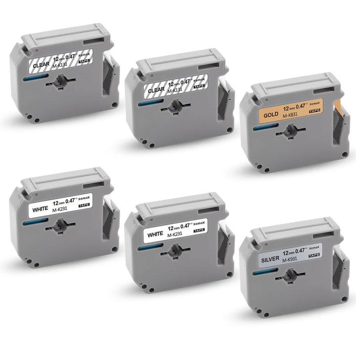 6x XemaX Etikettenband Ersatz für Brother M-K Bänder M-K131 M-K231 M-K831 M-K931 12mm x 8m Silber Go