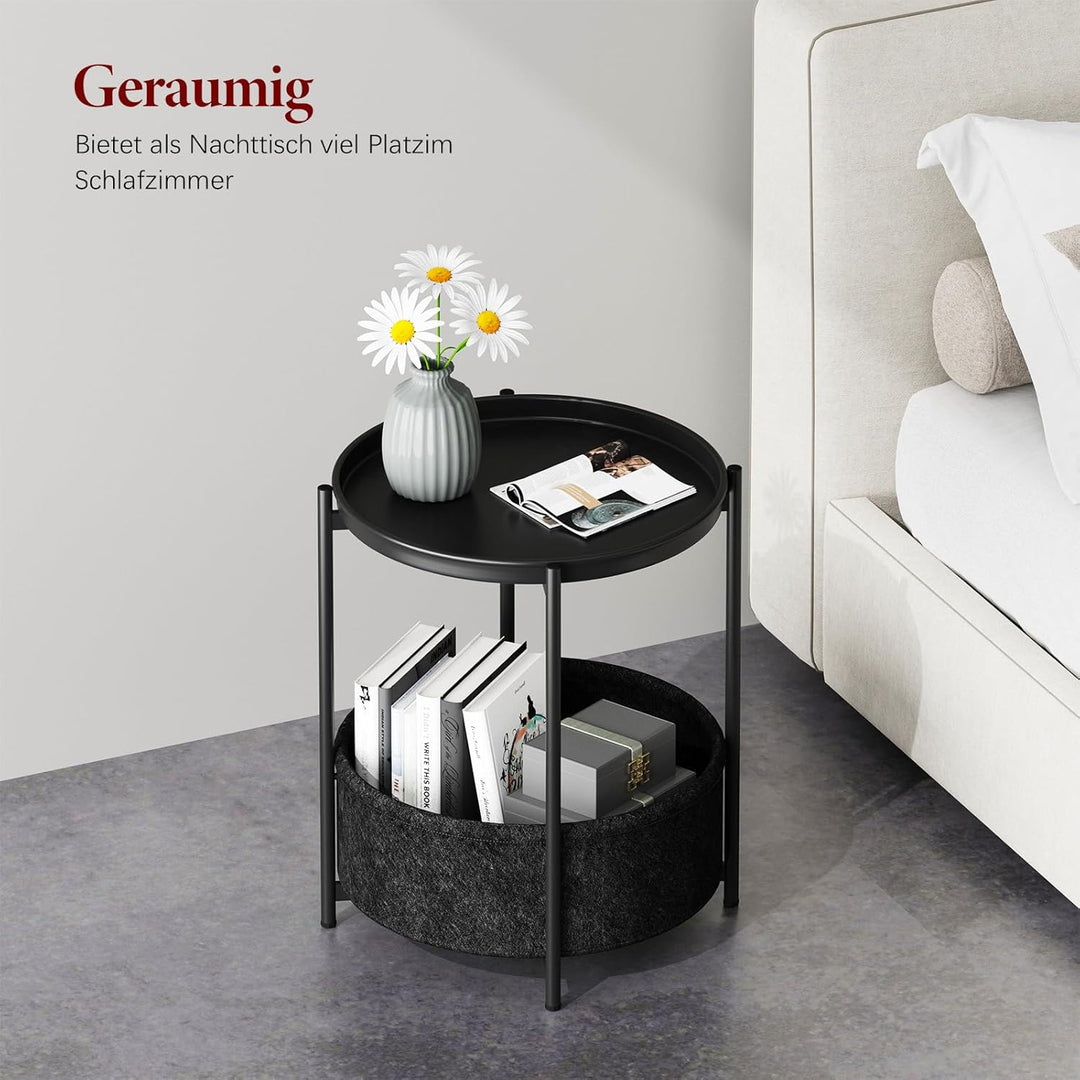 Beistelltisch Rund, Sofatisch 2 Ebenen, Metall Balkontisch, Kleiner Tisch, Couchtisch mit Korb aus S