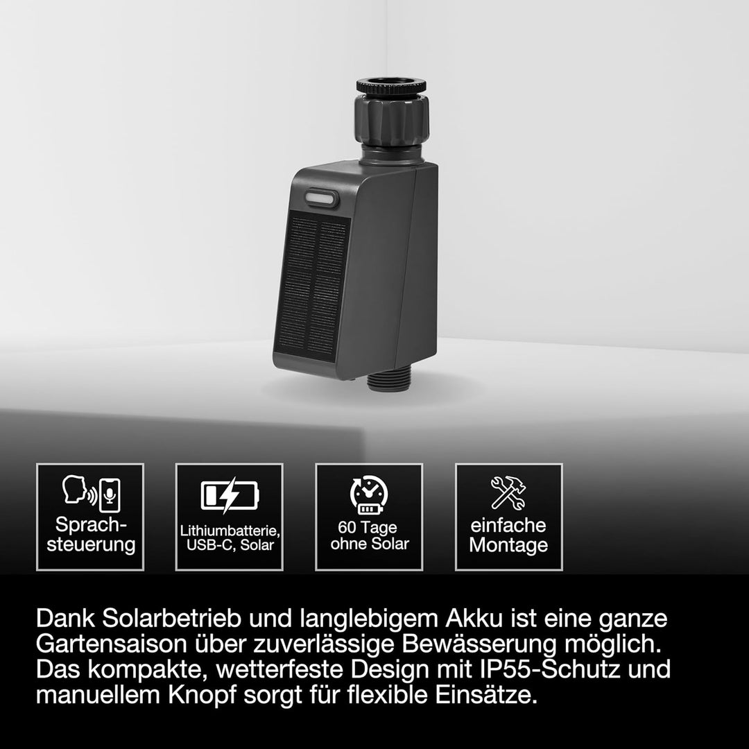 OSRAM SMART+ WiFi Bewässerungssteuerung IP55, Solar & USB-C, Wasserzähler, App-Steuerung, Alexa komp