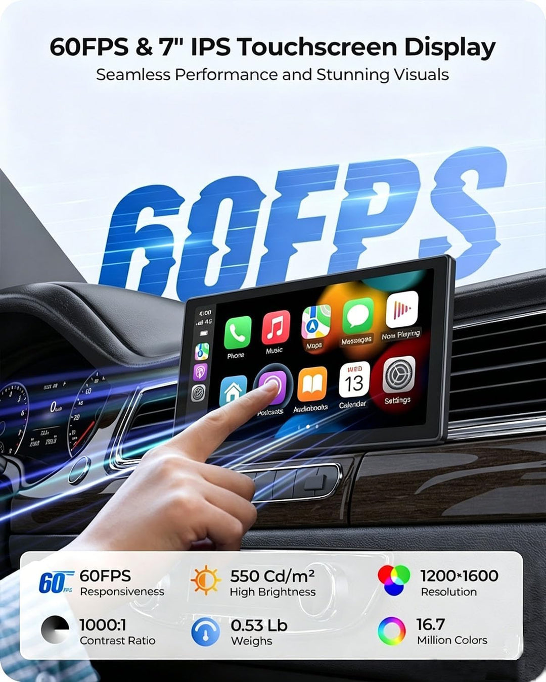 7” tragbarer CarPlay Display für Autos, 60FPS Car Play für Apple CarPlay & Android Auto, Auto Displa