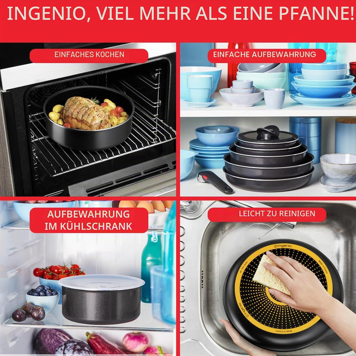 Tefal Ingenio Easy On Pfannen-Set, 2-teilig, 22/28 cm + 2 Stielkasserolle 16/20 cm + abnehmbarer Gri