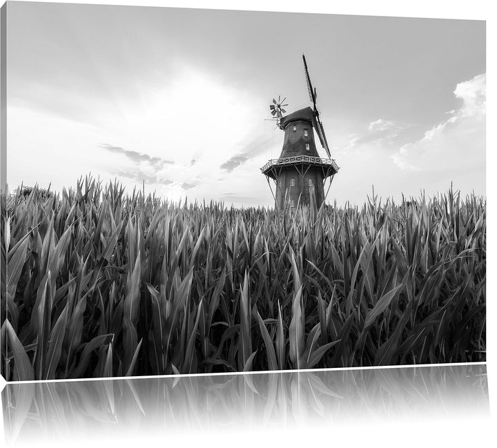 Pixxprint Windmühle auf dem Feld / 100x70cm Leinwandbild bespannt auf Holzrahmen/Wandbild Kunstdruck