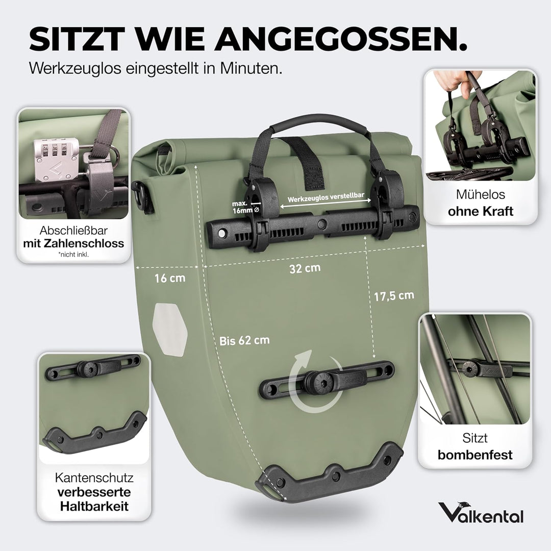 Valkental - Grosse & wasserdichte Gepäckträgertasche - 28L Füllvolumen - Fahrradtasche für Gepäckträ