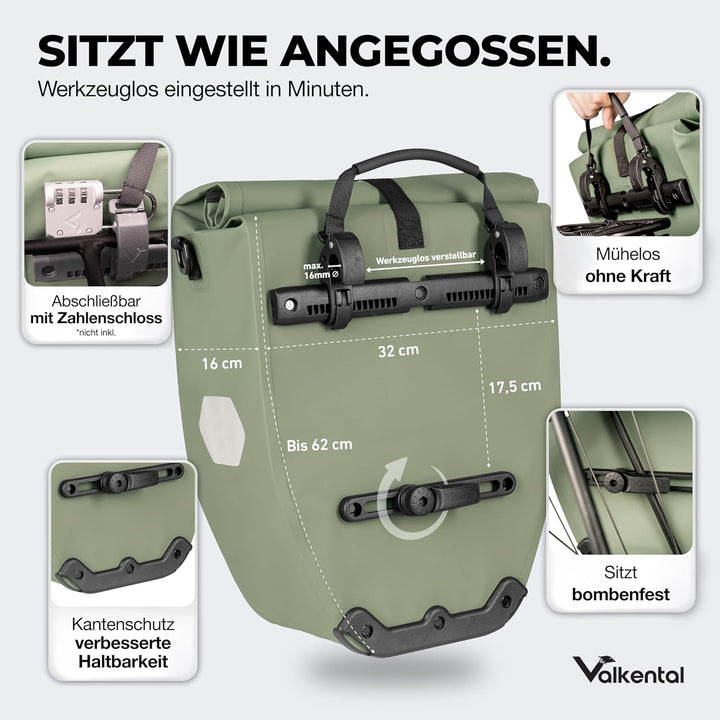 Valkental - Grosse & wasserdichte Gepäckträgertasche - 28L Füllvolumen - Fahrradtasche für Gepäckträ