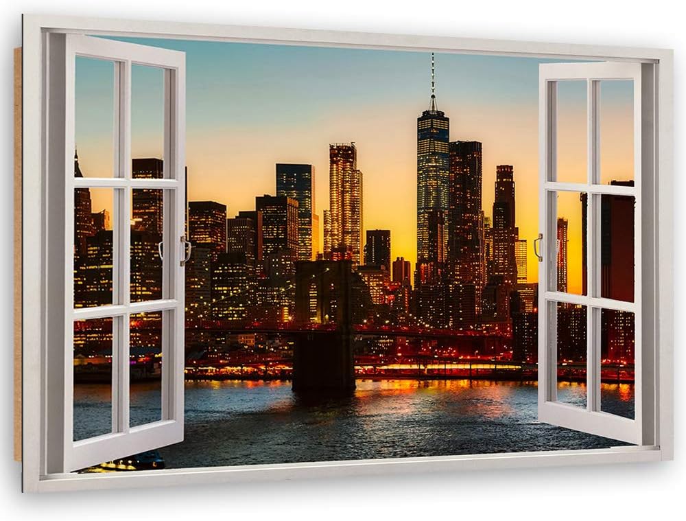 Feeby Wanddeko Manhattan Kunst modern Bilder Fenster-Illusion Braun 90x60 cm 90L x 60B cm Braun_c, 9