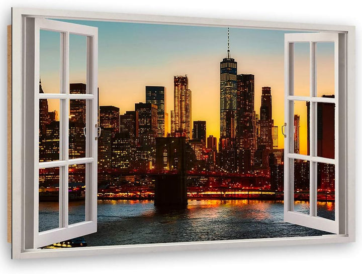 Feeby Wanddeko Manhattan Kunst modern Bilder Fenster-Illusion Braun 90x60 cm 90L x 60B cm Braun_c, 9