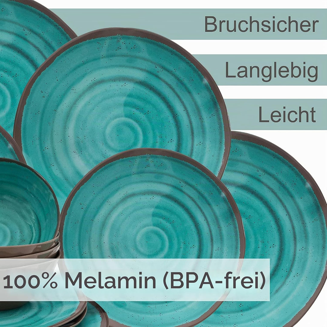Melamin Geschirr Set für 6 Personen Steingut Optik Aqua-grün 24 Teile - mit Tellern und Bechern - Ca