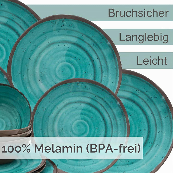 Melamin Geschirr Set für 6 Personen Steingut Optik Aqua-grün 24 Teile - mit Tellern und Bechern - Ca