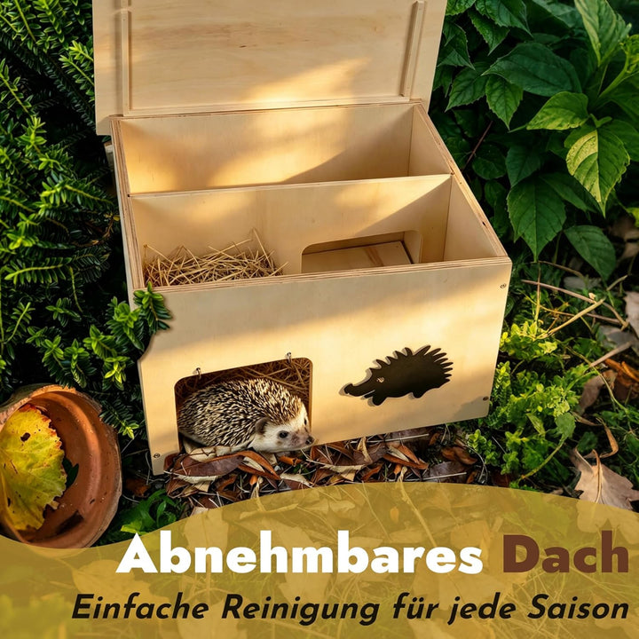Grosses Igelhaus mit Rattenklappe Winterfest, Holz Igelhotel für Winterschlaf und Sommer-Unterschlup