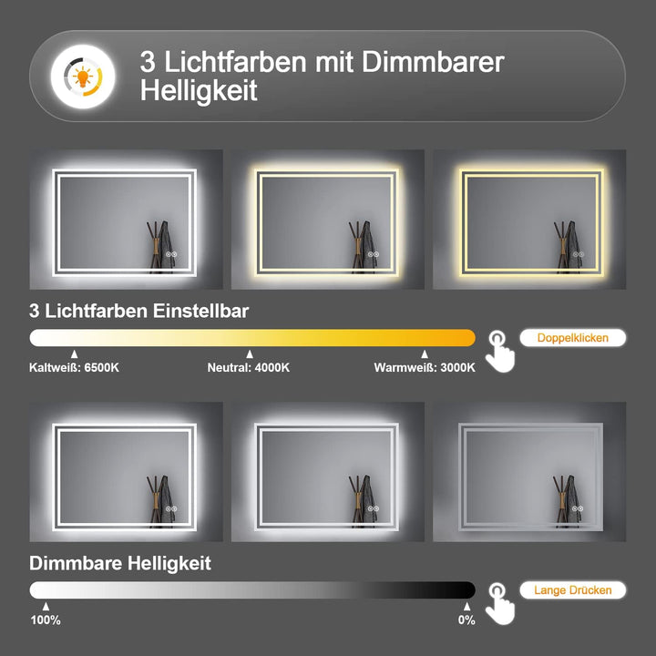 BD-Baode Badspiegel mit Beleuchtung 40x60cm,LED Badspiegel mit Uhr Badezimmerspiegel Touchschalter D