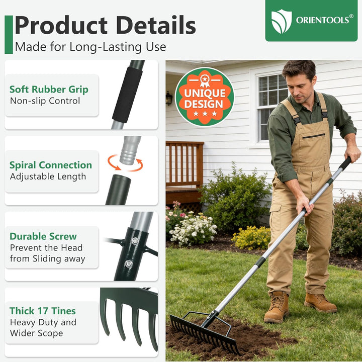 ORIENTOOLS Gartenrechen, schwere Ausführung, 44 cm Breite, 160 cm Stiellänge, 1,7 kg für Boden locke