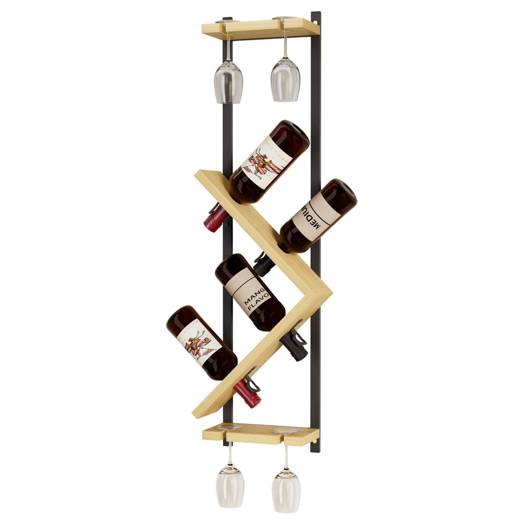 Yorbay Wand Holz Weinregal mit Glashalter: Schmales Design-Flaschenregal mit Metallrahmen für 4 Wein