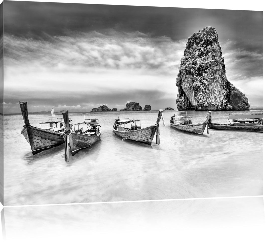Pixxprint Monocrome, Schöne Boote von Einheimischen im Pazifik, Format: 100x70 auf Leinwand, XXL rie