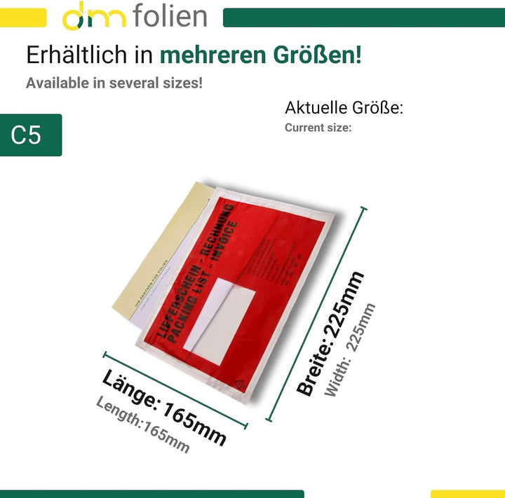 dm-folien Lieferscheintaschen C5 I 1000 Stück I Selbstklebende Versandtaschen mit Aufdruck I Rot-tra