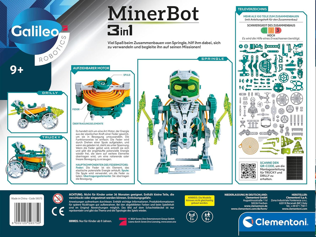 Clementoni Galileo MinerBot 3 in 1 Robotik-Set - DREI humanoide Roboter - Robotik Modellbausatz - Sp