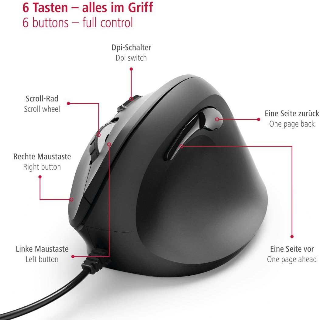 Hama ergonomische Maus (Vertikale Maus kabelgebunden für Rechtshänder, 3 Geschwindigkeitsstufen bis