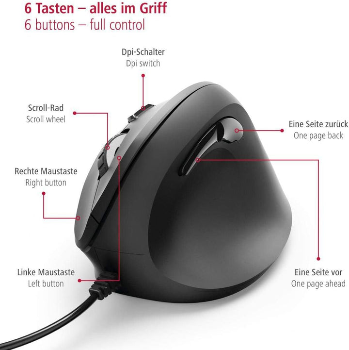 Hama ergonomische Maus (Vertikale Maus kabelgebunden für Rechtshänder, 3 Geschwindigkeitsstufen bis