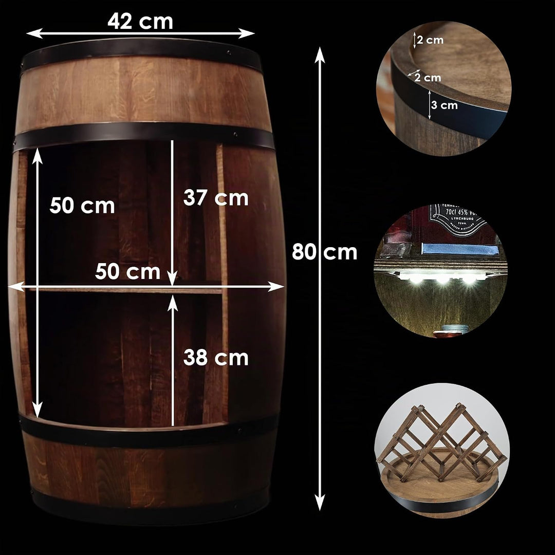 CREATIVE COOPER Fassbar LED mit Weinhalter - Weinregal - Holzfass Hausbar 80cm - Rustikaler deko Bar